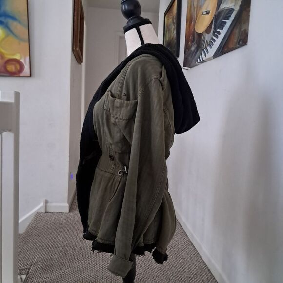 Free People Drawcord Waist Slouchy Jacket Med Olive Green Fleece Interior Hood - Picture 5 of 10
